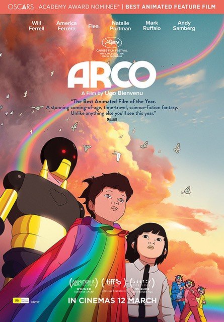 ARCO animated movie poster showing the young boy Arco with Iris and robot Mikki, adventure in 2075